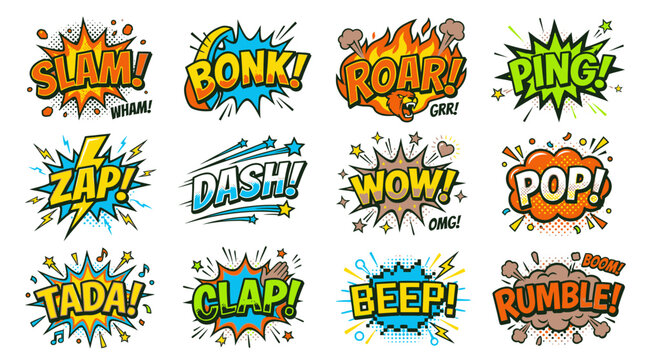 Pop art comic sound effect bubbles with slam and zap.