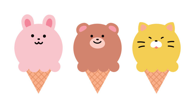 Set of 3 cute animal ice cream cones featuring a pink bunny, a brown bear, and a yellow cat scoop. Minimalist vector illustration of sweet summer desserts isolated on a white background for kids.