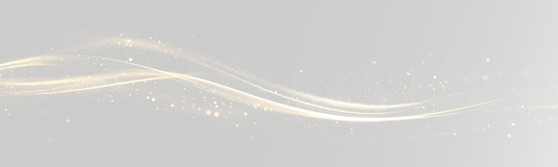 Golden light waves with glowing particles flowing in a smooth abstract composition on a light grey isolated background © HolyStas