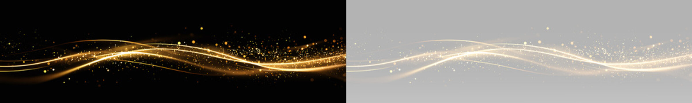 Abstract luxury background with flowing golden silk lines and sparkling bokeh light reflections in motion