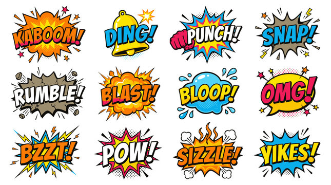 Playful cartoon speech bubbles and comic action word effects.