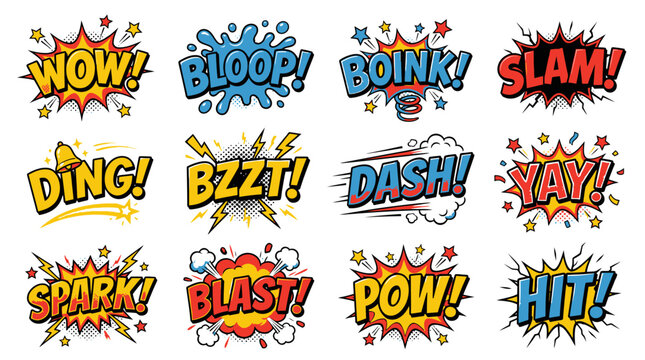 Playful comic book onomatopoeia stickers with WOW and BLAST.