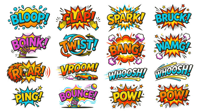 Large set of comic book onomatopoeia sound effects.