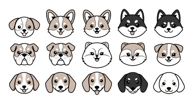 Dogs Breeds Cartoon Faces.