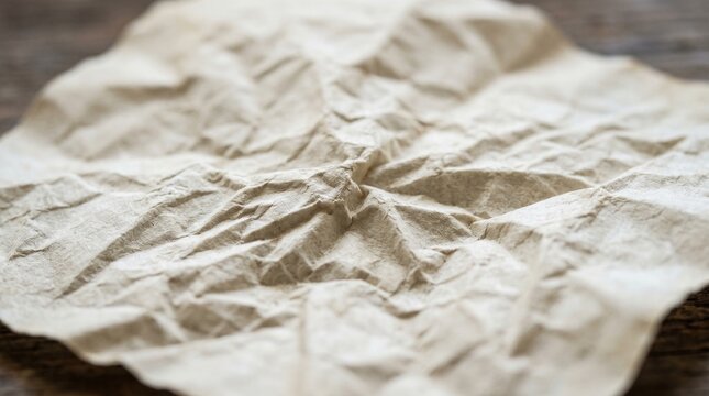 A crumpled sheet of light brown paper with deep creases and folds resting on a dark wooden table surface