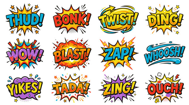 Playful comic book sound effect bubbles for graphic design.