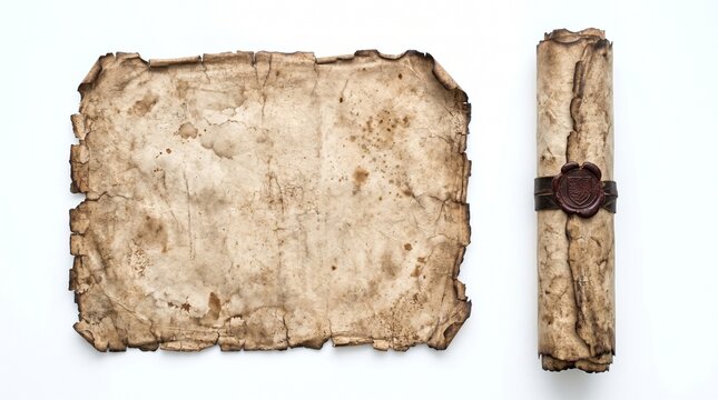 Old weathered parchment paper sheet and a rolled scroll with a brown wax seal