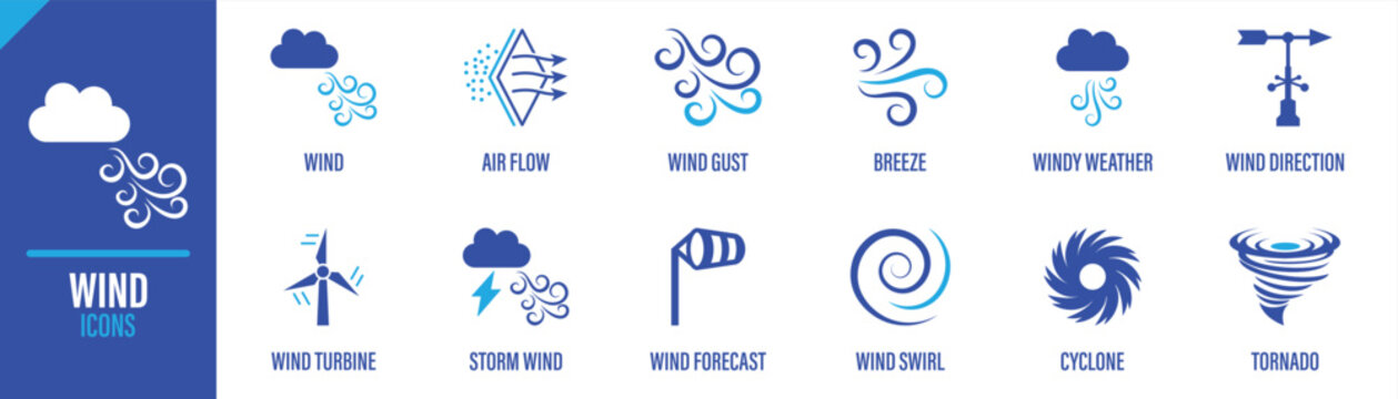 Meteorology and Wind Icon Collection. Featuring Air Flow Weather Forecast Tornado Cyclone and Atmospheric Symbols