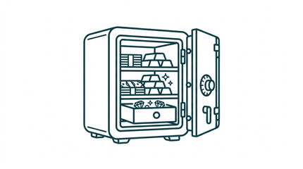 Open safe filled with gold bars and money stacks. © Denjiro