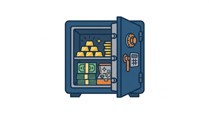 Open Safe Filled With Gold Bars Cash and Jewels. © Denjiro