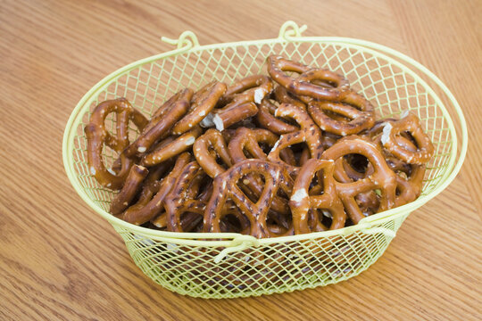 Close-up of a basket of pretzels