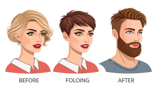 Haircut transformation process from long wavy hair to short pixie cut and beard style