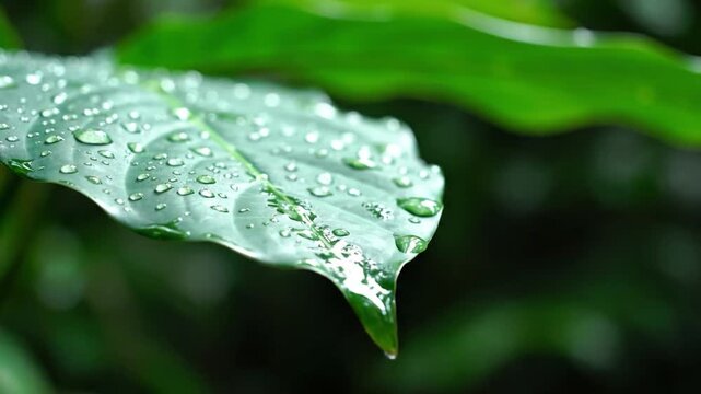 Fresh green leaf covered in crystal clear water droplets after rain in a lush garden