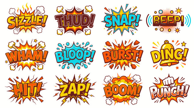 Playful comic book sound effect speech bubble pack.