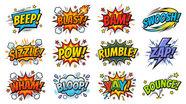 Playful comic book sound effects and colorful speech bubbles.