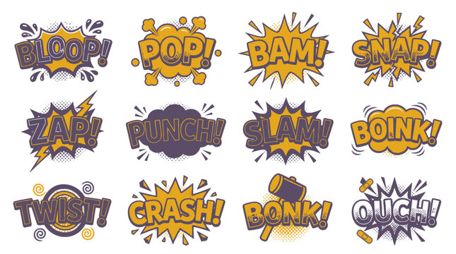 Purple and orange comic action bubbles and sound effects.