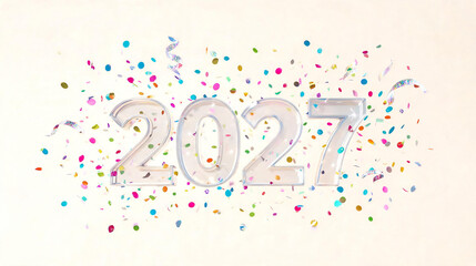 Fototapeta premium 2027, year, new, celebration, confetti, party, background, glass, transparent, 3d, rendering, crystal, metallic, festive, holiday, text, number, numerical, digits, crystal-clear, bright, white, clean.