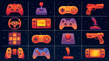 Flat Design Collection of Video Game Controllers and Accessories on Dark Background with Stars, Diverse Gaming Input Devices © Zidan