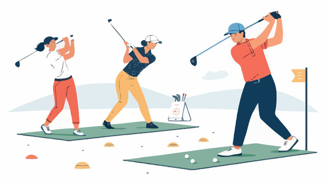 Group of people practicing golf at a driving range