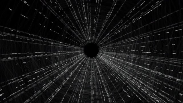 Immersive data tunnel and big tech network streams depicting fast information processing. Ideal for cybersecurity, cloud computing, blockchain architecture, and global communications.