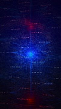 High-energy vertical network map pulsing with glowing blue connections and red threat warnings. Engineered for mobile-first tech explainers, cyber security marketing, and hacking sims.