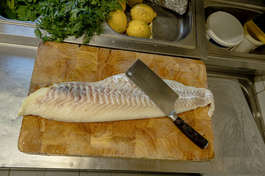 Raw Fish Fillet Cleaver Cutting Board Professional Kitchen Seafood Preparation Chef