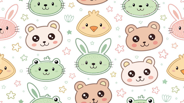 Seamless pattern with cute animal faces