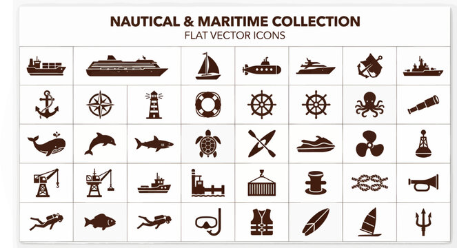 Nautical and Maritime Flat Vector Icons Collection, Featuring Ships, Anchors, Marine Life, and Water Sports Equipment, Isolated on White Background