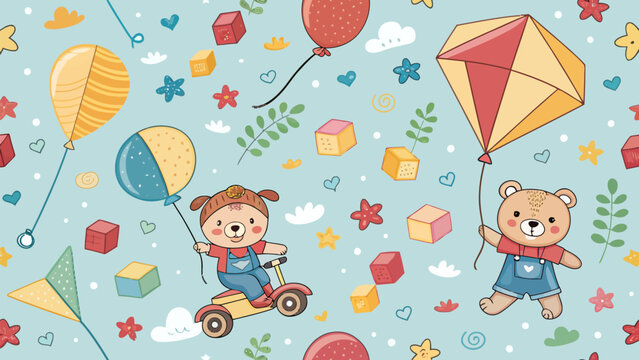 Seamless pattern with cute cartoon bears, balloons, kites, and blocks on a light blue background