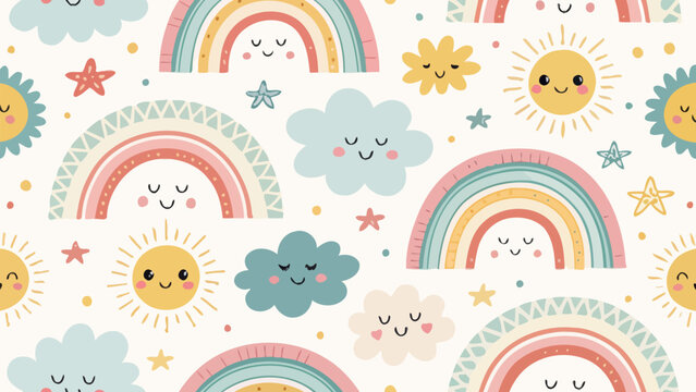 Seamless pattern with cute rainbows, suns, clouds and stars in boho style