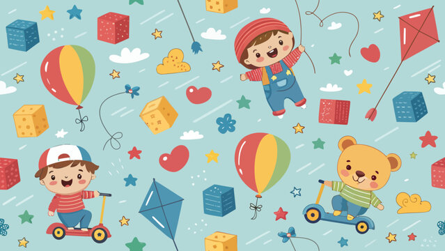 Seamless pattern with cute children, teddy bear, balloons, kites and toys on blue background