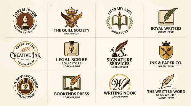Collection of Twelve Vector Logo Designs for Writing and Publishing Brands, Featuring Quill Pens, Inkwells, Books, and Scrolls in a Flat Graphic Style
