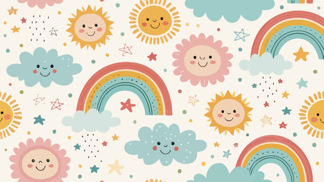 Seamless pattern with cute suns, rainbows, and clouds in pastel colors