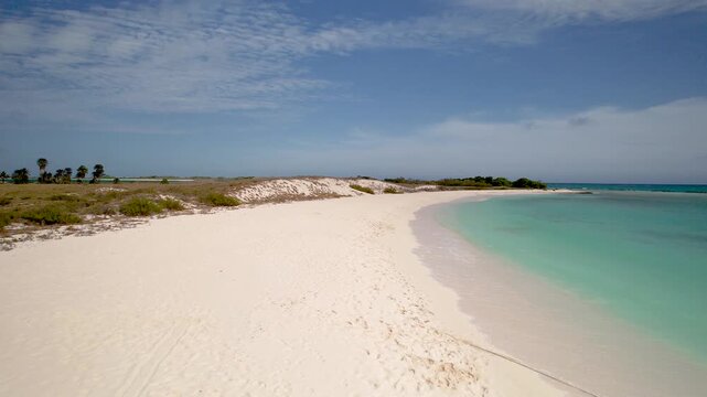 Spectacular beach with white sand and turquoise waters Cayo de Agua, one of the most famous jewels of the Los Roques Archipelago in Venezuela. Worldwide for its unique natural features: Sand isthmus