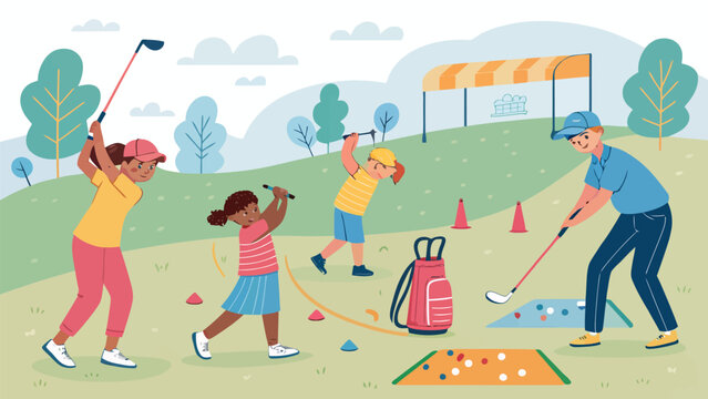Children learning golf with coach at driving range
