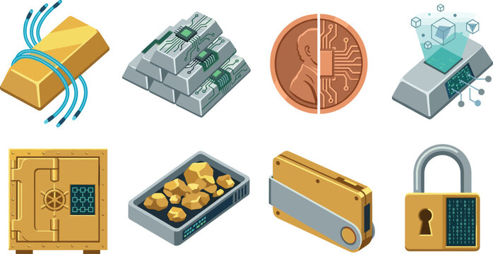 Digital crypto commodities vector set featuring smart gold bullion silver bars hardware wallet safe and secure padlocks