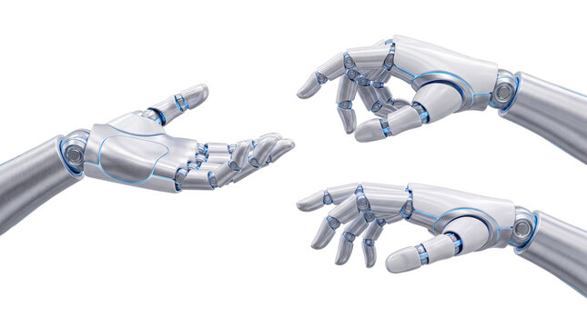 Robotic hands in metallic silver with blue accents demonstrating