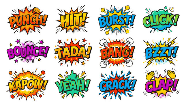 Set of punch hit and bang comic sound effect bubbles.