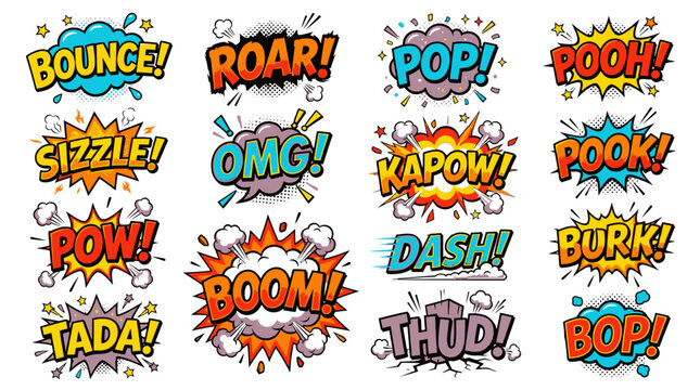 Sixteen rounded comic book speech bubbles with pop.