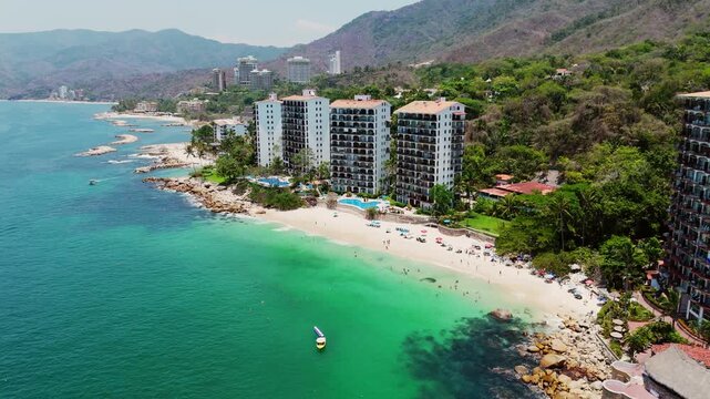 Beautiful aerial shot of the tropical las gemelas beach and resorts along the pacific ocean coastline