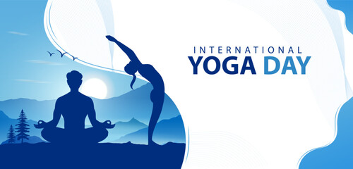 Naklejka premium International Yoga Day Banner with People Performing Yoga Poses and Wellness Concept Vector Illustration