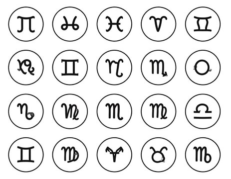 A collection of 20 zodiac symbols in black circles on white