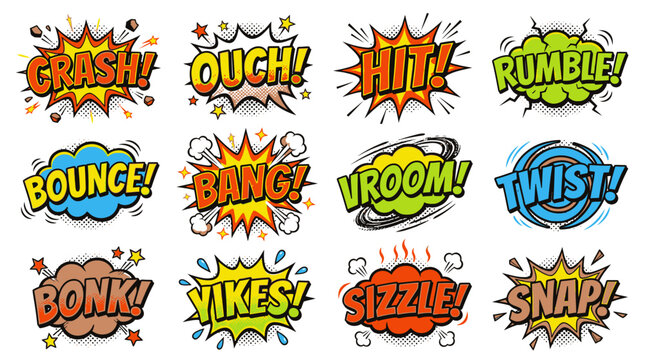 Set of twelve cartoon sound effect stickers and bubbles.