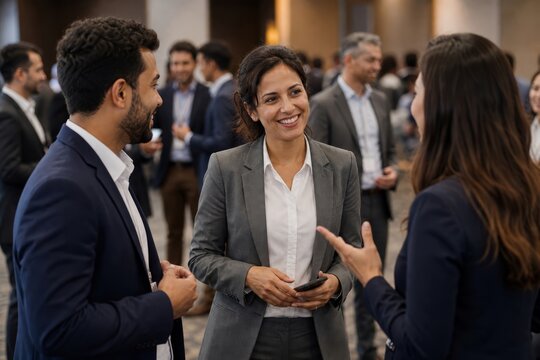 Three business professionals networking and conversing in a modern office setting with a blurred background.