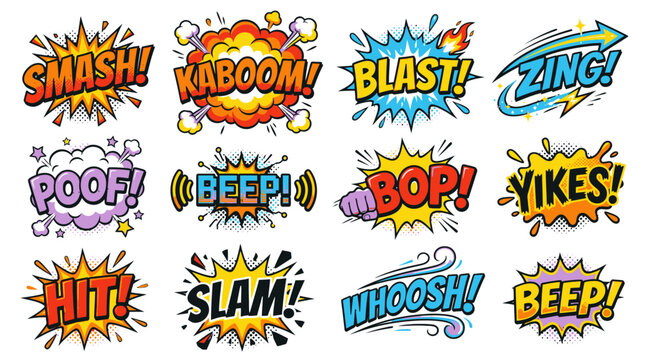 Set of twelve explosive comic book sound bubbles.