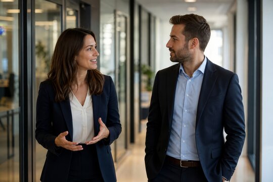Two business professionals engaged in a conversation in a modern office setting.