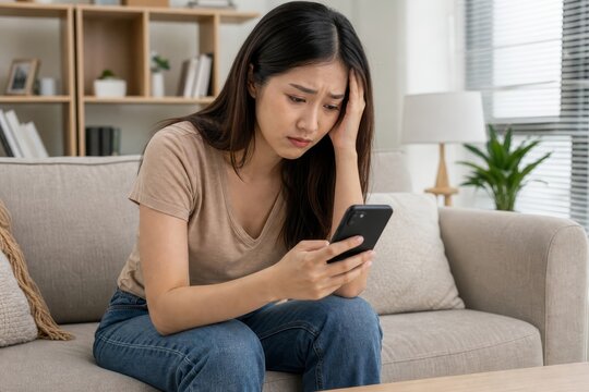 Young woman sits on a couch looking stressed while checking her phone.