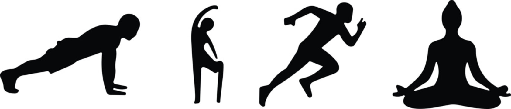 Fitness and Wellness Silhouette Set Featuring Push Up Stretching Running and Meditation Exercise Poses