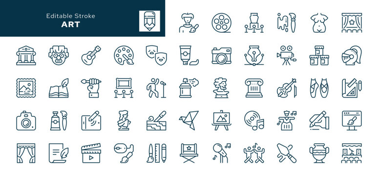 Art and culture outline icons set. Creativity, sculpture, architecture, museum, theater, gallery and painting. Line icon in linear style. Vector collection	