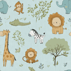 Fototapeta premium Safari animals pattern with giraffes, elephants, and lions on a light blue background. Cute cartoon jungle animals seamless pattern